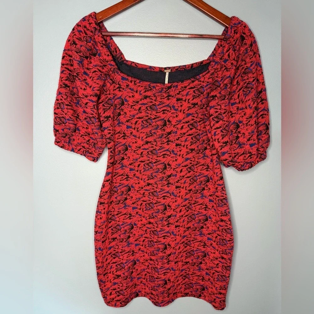 Free People Red Printed Puff Sleeve Sunset Mini Dress | Size XS